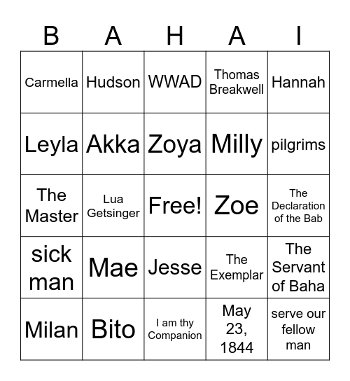 Abdu'l-Baha Bingo Card