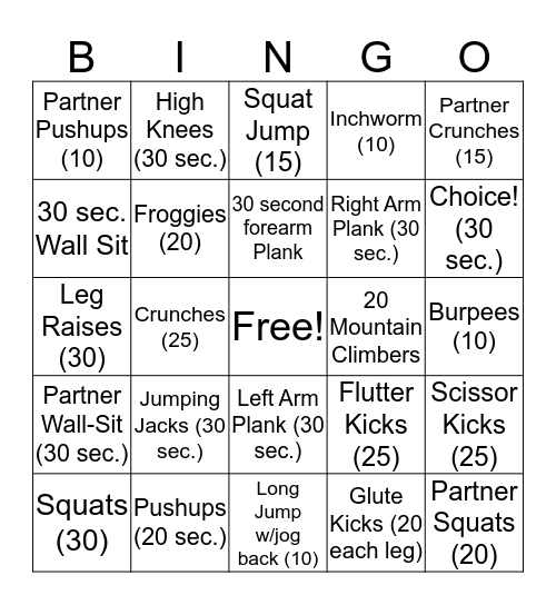 Cardio/Muscle Endurance Bingo Card