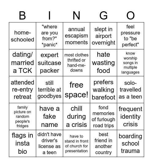 Missionaries' Kids Bingo Card