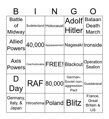 World History Chapter 21 World War II Bingo Card