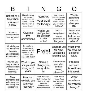 Emotional Regulation Bingo Card