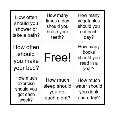Clubhouse Healthy Habits Bingo Card