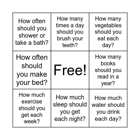 Clubhouse Healthy Habits Bingo Card