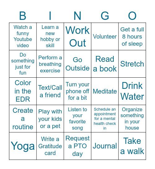 Mental Health Bingo Card