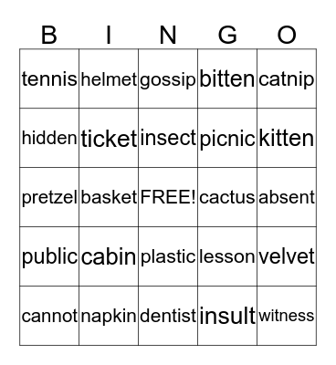 Closed Syllable Bingo Card
