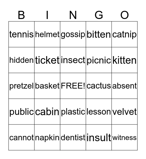 Closed Syllable Bingo Card