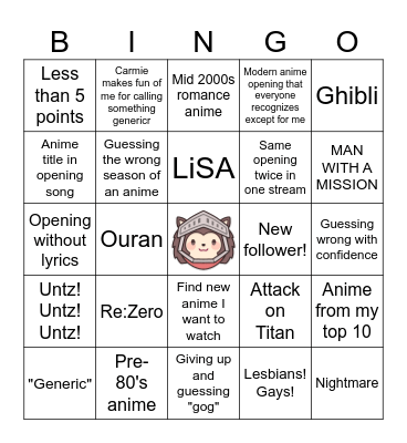 Anime Music Quiz Bingo Card