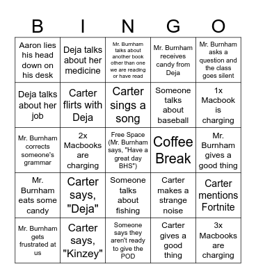 Honors English 11 Bingo Card