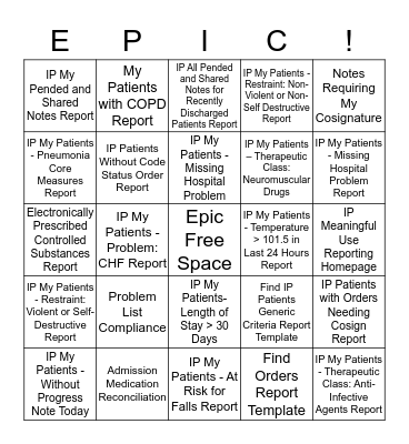 Physician Reporting Validation Session Bingo Card