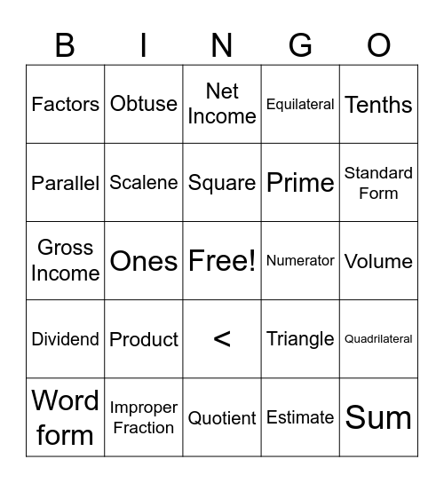 5th Grade Math Vocabulary Bingo Card