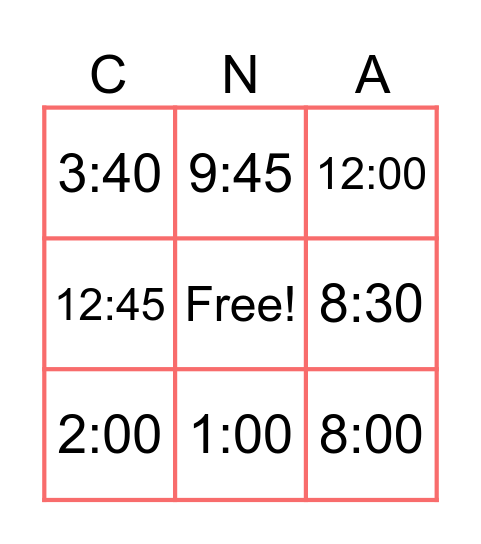 CLOCK BINGO Card