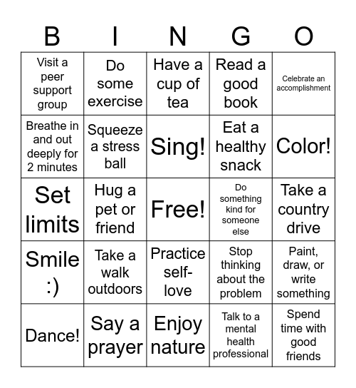 De-Stress Bingo Card