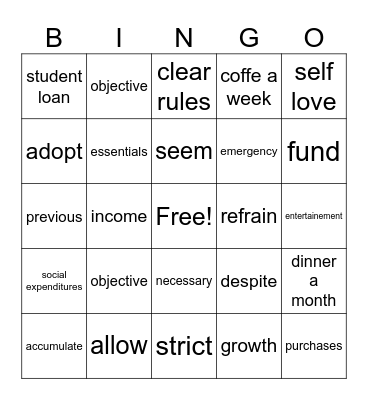 spend no money Bingo Card