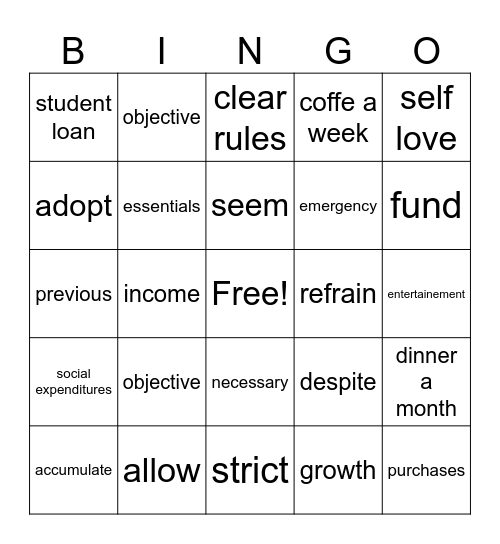 spend no money Bingo Card