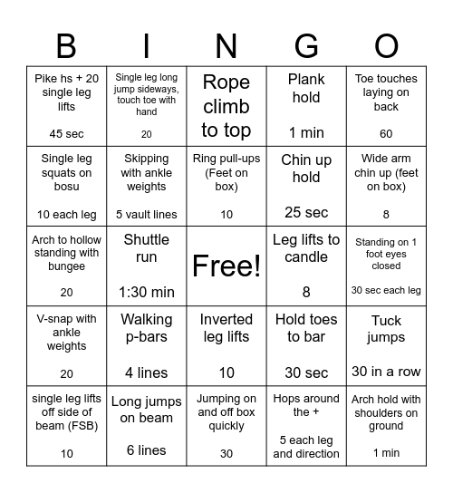Conditioning Bingo Card