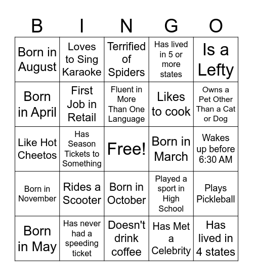 Coworker Team Building Bingo Card