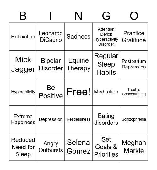 Mental Health Bingo Card