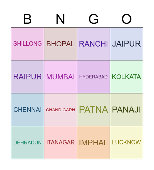 CAPITALS OF INDIAN STATES Bingo Card