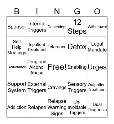 Addiction Bingo Card