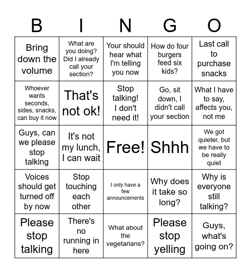 Lunch Bingo Card