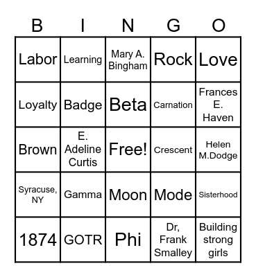 Gamma Phi Beta Bingo Card