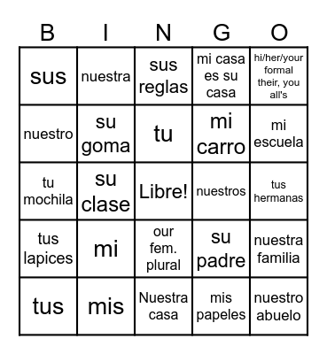 Possessives in Spanish Bingo Card