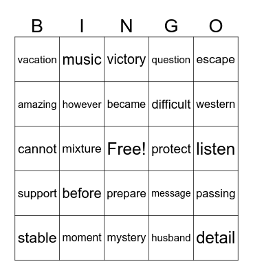 Open/Closed Syllable Bingo Card