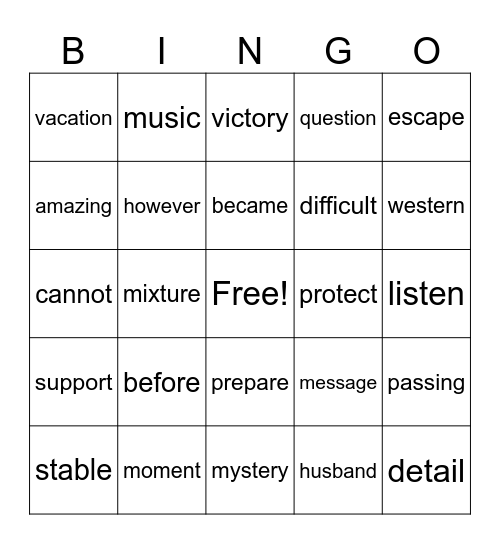 Open/Closed Syllable Bingo Card