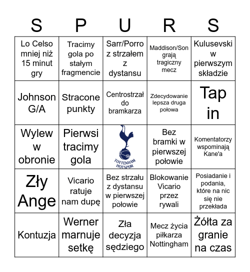 Tottenham vs Notts Bingo Card