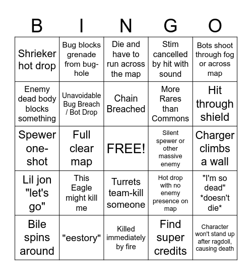 Helldivers 2 Bingo Card