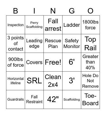 Fall Protection Bingo Card