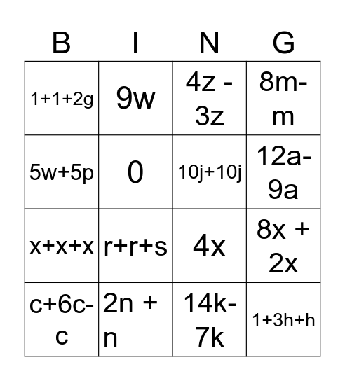 Combining Like Terms (+ -) Bingo Card