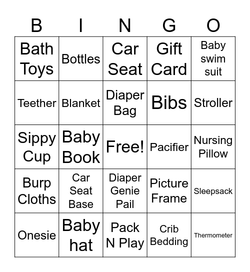 Baby Shower Gifts Bingo Card