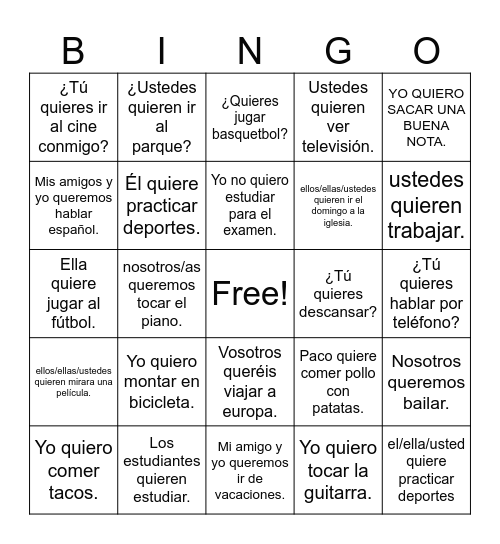 Verbo Querer Bingo Card