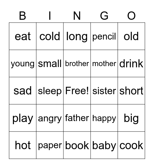 ESL Vocab Bingo Card