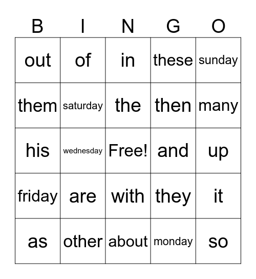 sight words! Bingo Card