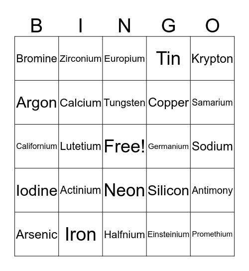 Element Puns BINGO Card