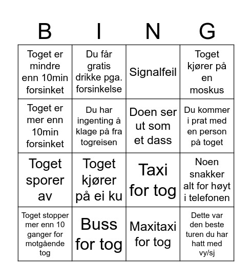 Tidsfordriv på toget Bingo Card