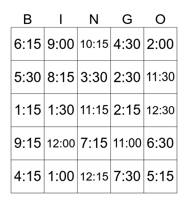 Telling Time Bingo Card