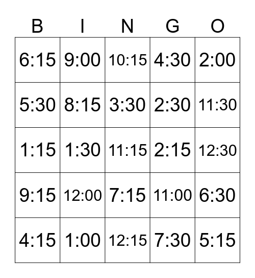 Telling Time Bingo Card