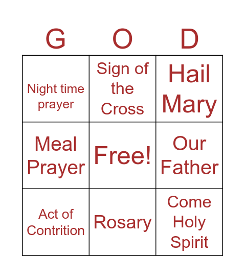 PRAYERS Bingo Card