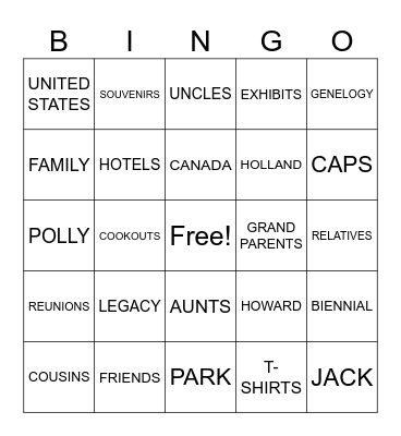 HOWARD-HOLLAND FAMILY REUNION Bingo Card