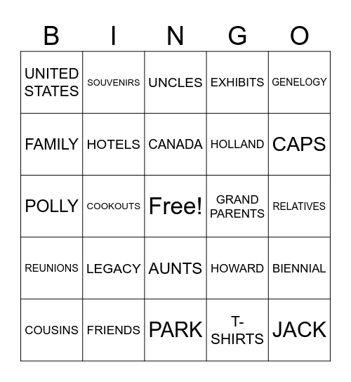 HOWARD-HOLLAND FAMILY REUNION Bingo Card