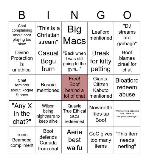 Boof Stream bingo Card