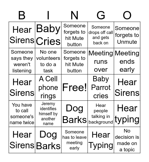 Judith's Meetings BINGO Card