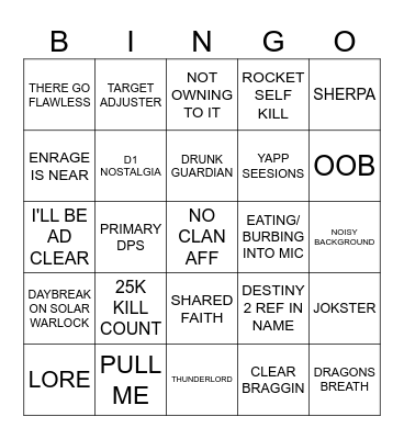 DESTINY 2 Bingo Card