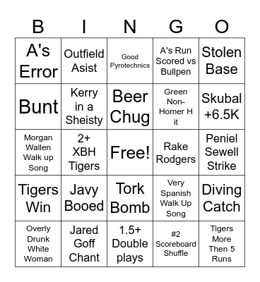 Tigers Vs A's Bingo Card