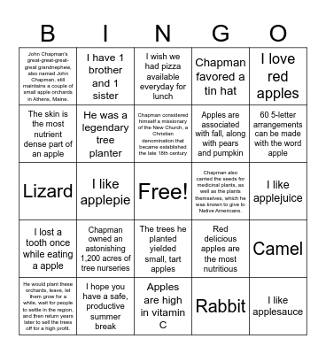 Tall Tale Johnny Appleseed Bingo Card