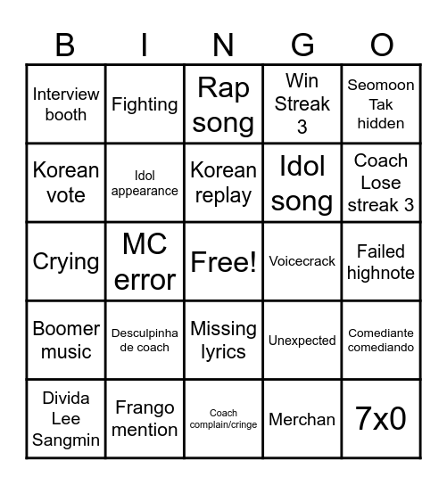 Singing Battle Bingo Card