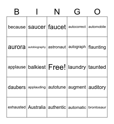 au multisyllabic BINGO Card